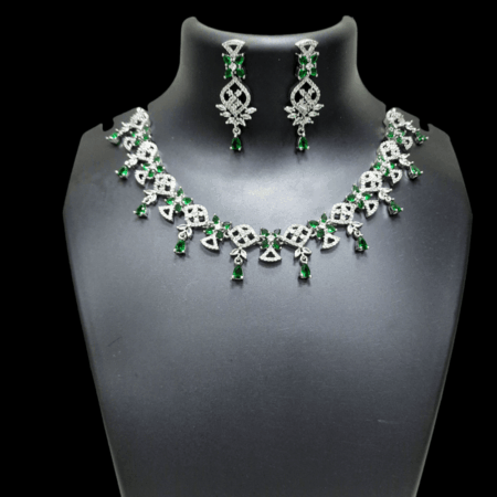 Exquisite Party Wear Rhodium Plated CZ American Diamond Necklace (Emerald Green)