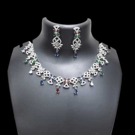 Exquisite Party Wear Rhodium Plated CZ American Diamond Necklace (Multi)