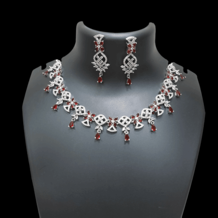 Exquisite Party Wear Rhodium Plated CZ American Diamond Necklace (Ruby Red)