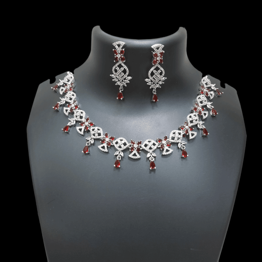 Exquisite Party Wear Rhodium Plated CZ American Diamond Necklace (Ruby Red)