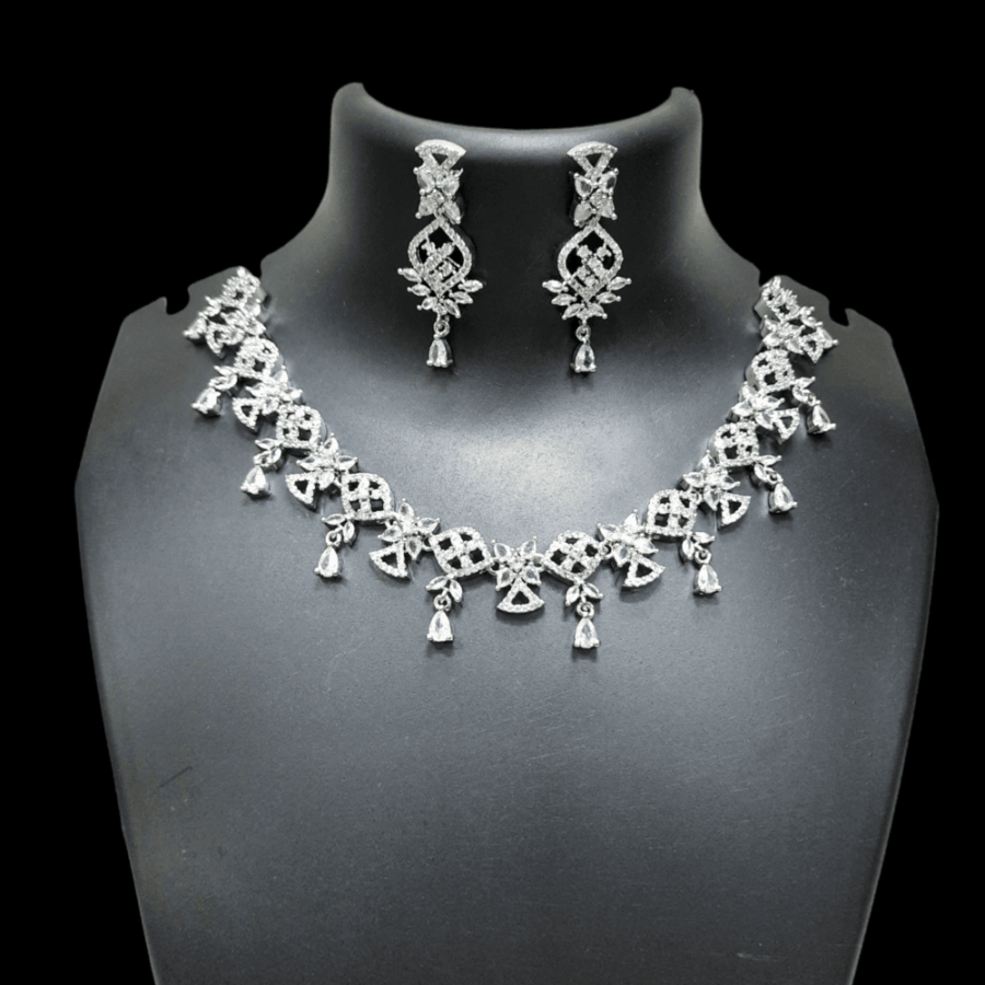 Exquisite Party Wear Rhodium Plated CZ American Diamond Necklace (White)