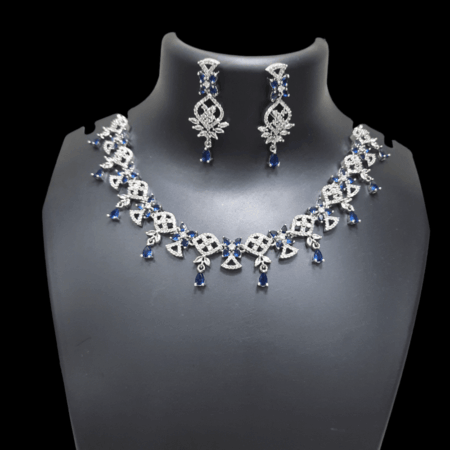 Exquisite Party Wear Rhodium Plated CZ American Diamond Necklace (Sapphire Blue)