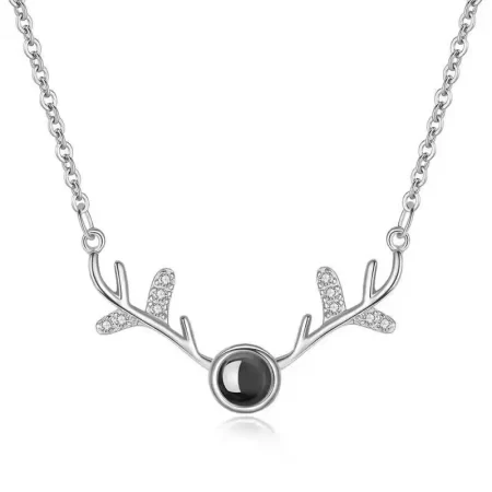 Deer Shape 100 Languages Projection Necklace, The Memory of Love Necklace, I Love You Necklace, 100 Different Languages for I Love U (Rhodium)