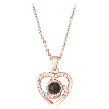 Heart Shape 100 Languages Projection Necklace, The Memory of Love Necklace, I Love You Necklace, 100 Different Languages for I Love U (Rose Gold)