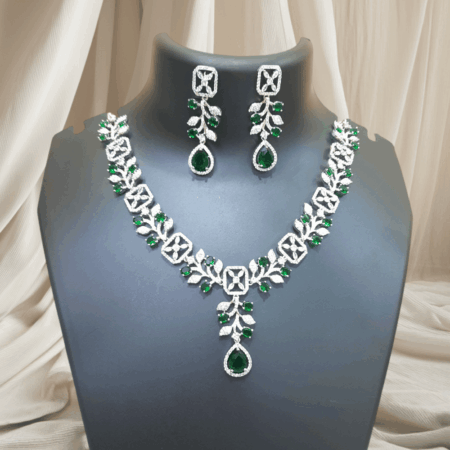Sparkling Elegance Dew-Kissed American Diamond Necklace Set Emerald Green