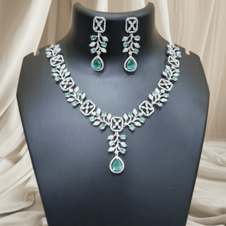 Sparkling Elegance Dew-Kissed American Diamond Necklace Set Pastel Green