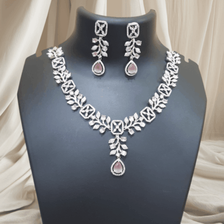 Sparkling Elegance Dew-Kissed American Diamond Necklace Set Pastel Pink