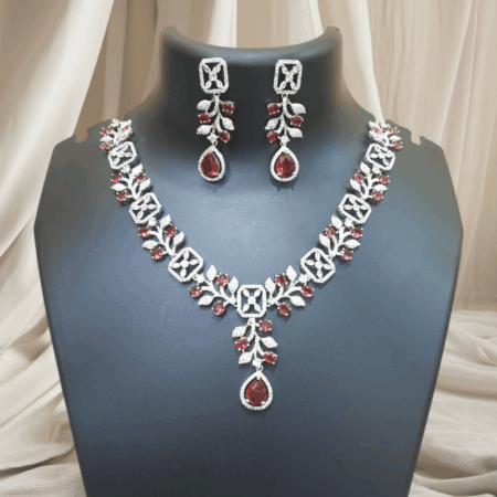 Sparkling Elegance Dew-Kissed American Diamond Necklace Set Ruby Red