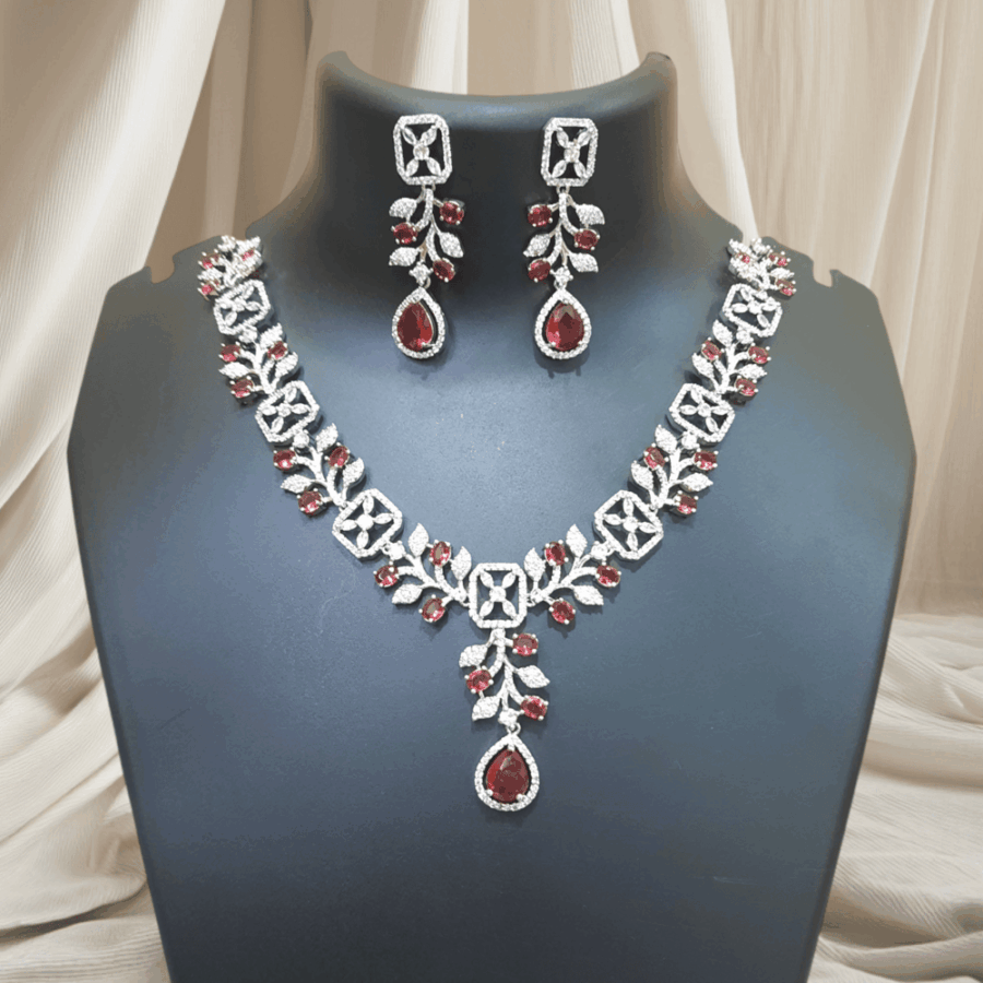 Sparkling Elegance Dew-Kissed American Diamond Necklace Set Ruby Red