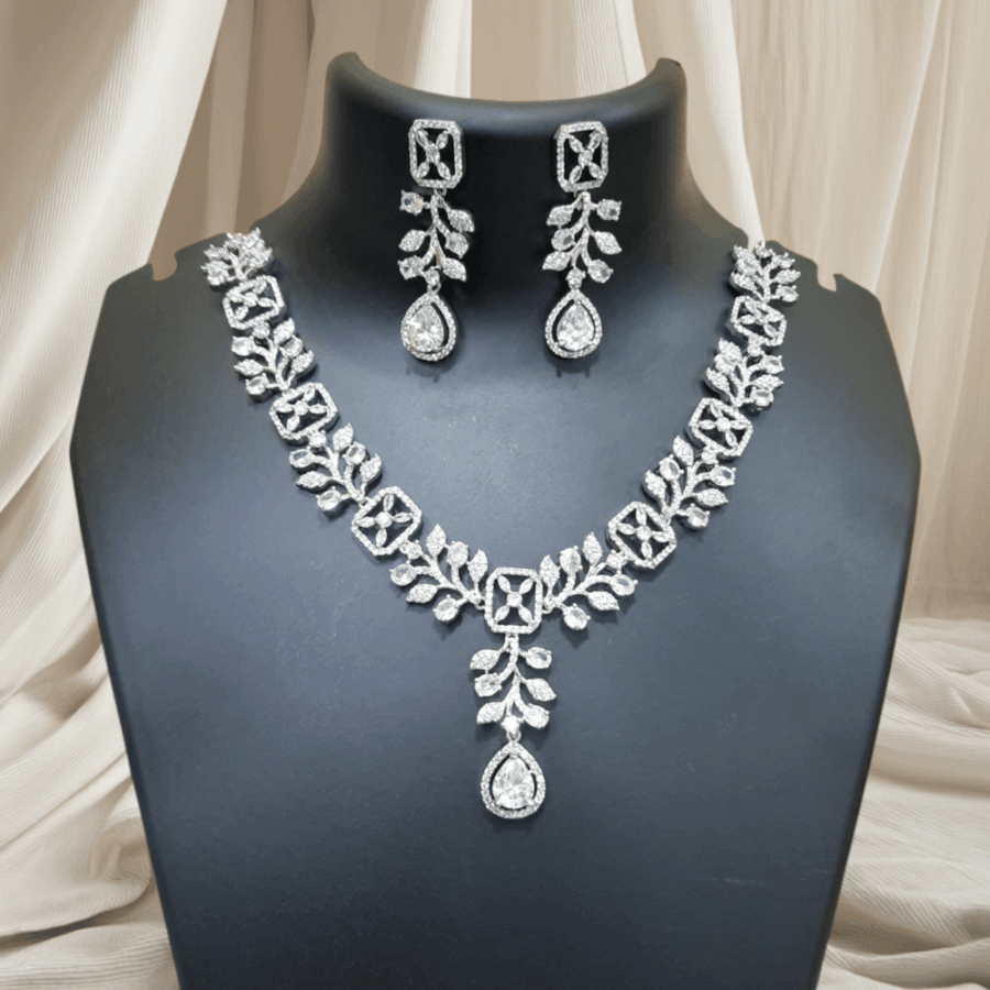 Sparkling Elegance Dew-Kissed American Diamond Necklace Set White