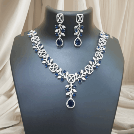 Sparkling Elegance Dew-Kissed American Diamond Necklace Set Sapphire Blue