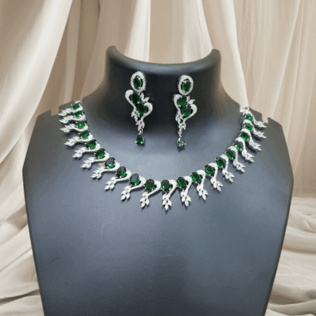 CZ American Diamond Traditional Indian Design Necklace Emerald Green