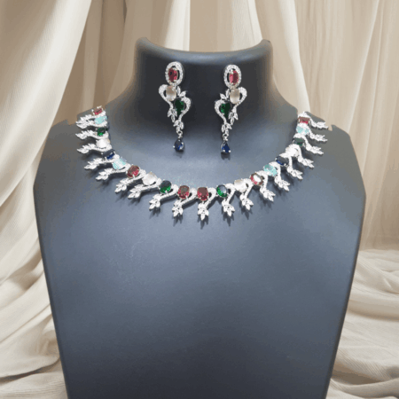 CZ American Diamond Traditional Indian Design Necklace Multi