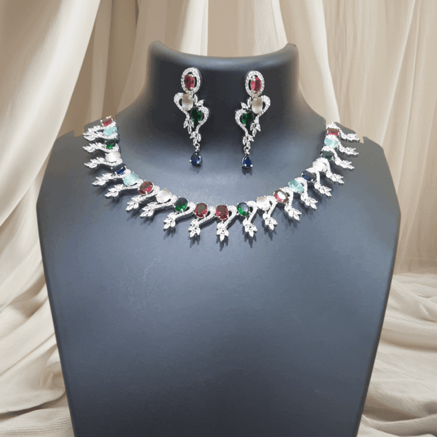 CZ American Diamond Traditional Indian Design Necklace Multi
