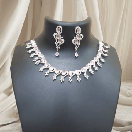 CZ American Diamond Traditional Indian Design Necklace Pastel Pink