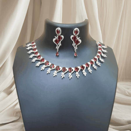 CZ American Diamond Traditional Indian Design Necklace Ruby Red