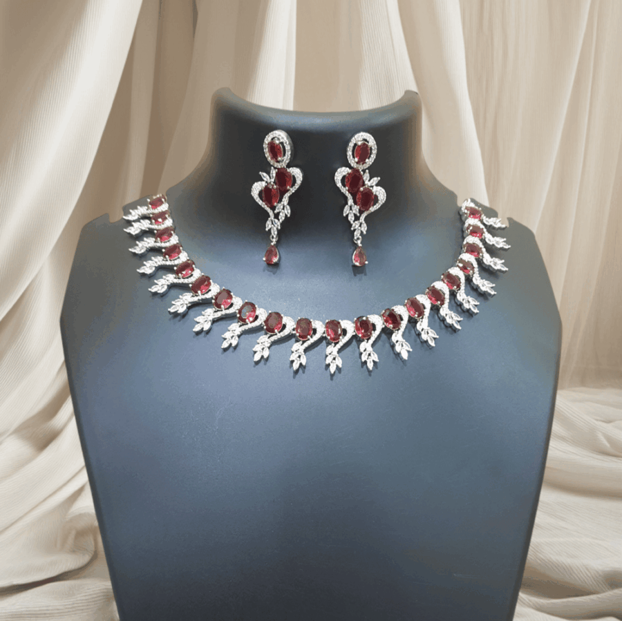 CZ American Diamond Traditional Indian Design Necklace Ruby Red