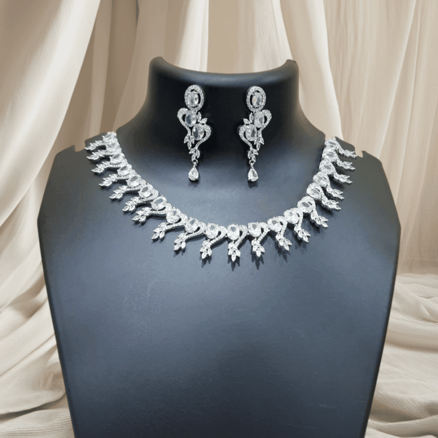 CZ American Diamond Traditional Indian Design Necklace White