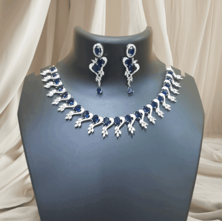 CZ American Diamond Traditional Indian Design Necklace Sapphire Blue