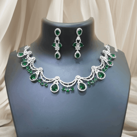 Emerald Green Floral American Diamond Embellished Necklace Set
