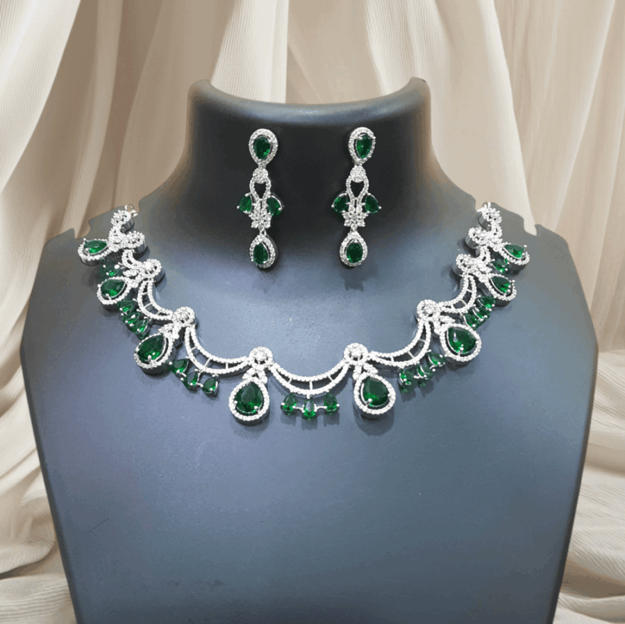 Emerald Green Floral American Diamond Embellished Necklace Set