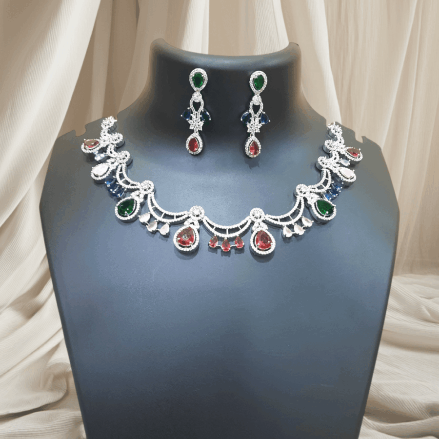 Multi Color Floral American Diamond Embellished Necklace Set