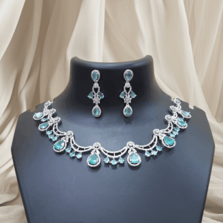 Pastel Green Floral American Diamond Embellished Necklace Set