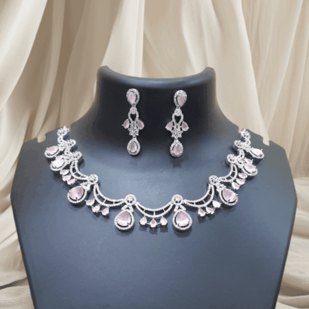 Pastel Pink Floral American Diamond Embellished Necklace Set