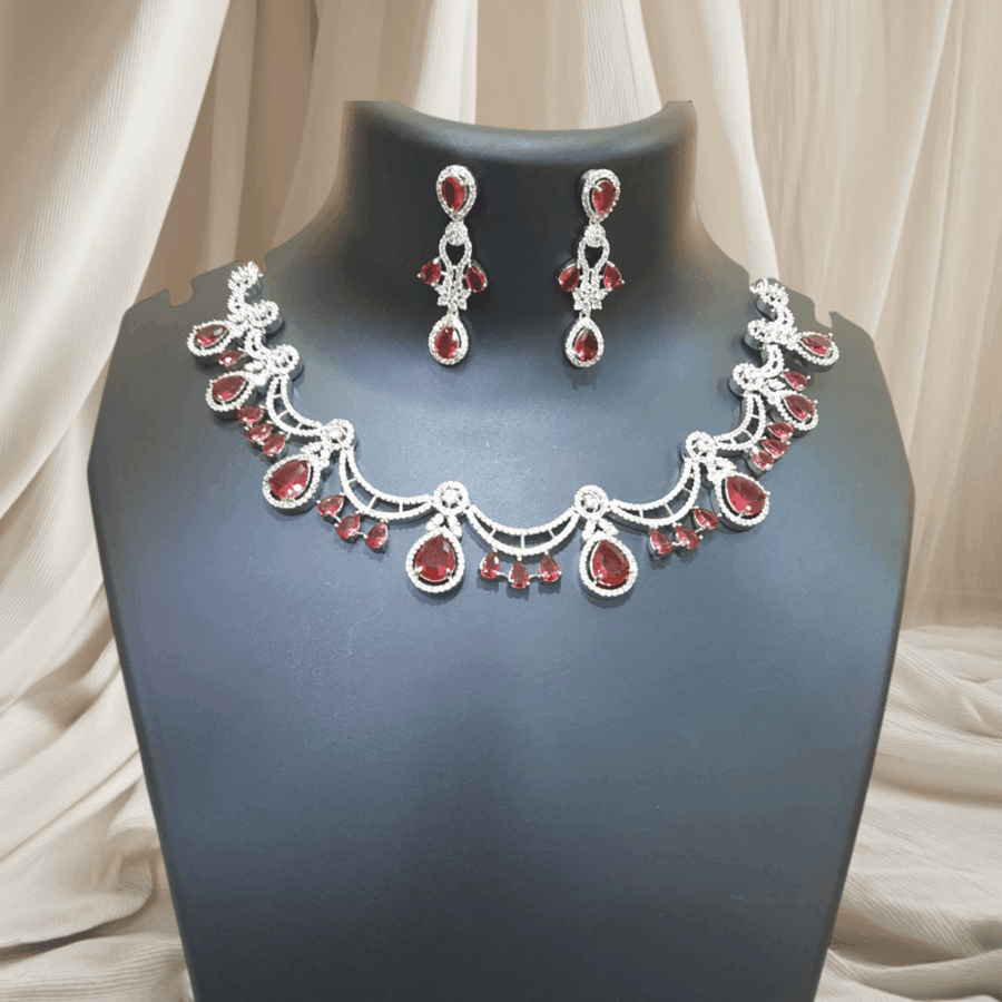 Ruby Red Floral American Diamond Embellished Necklace Set