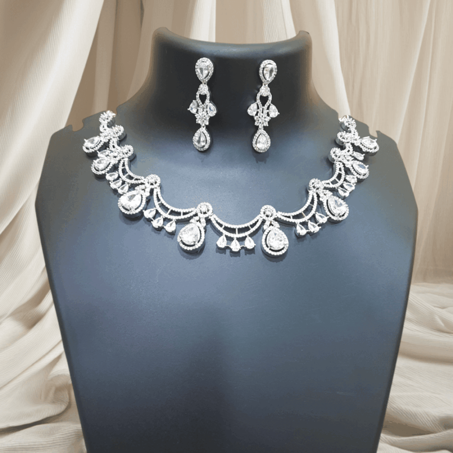 CZ White Floral American Diamond Embellished Necklace Set