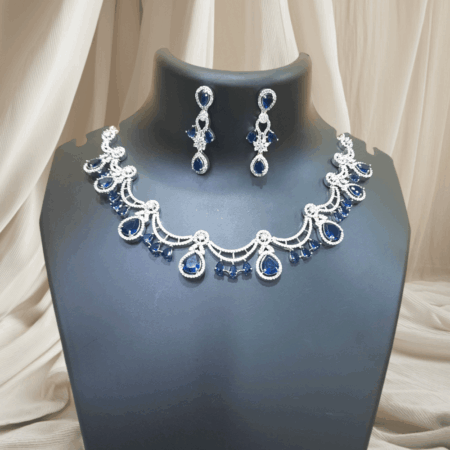 Sapphire Blue Floral American Diamond Embellished Necklace Set
