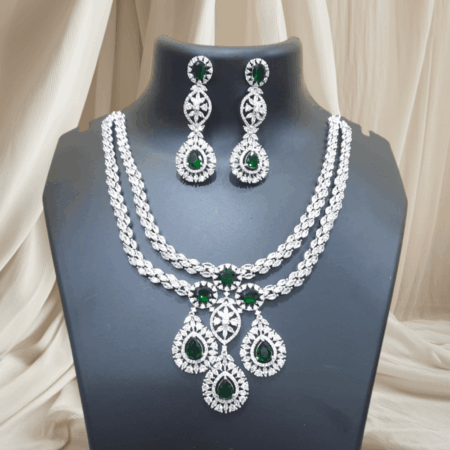 Designer Rajwada Style CZ American Diamond Bridal Necklace (Emerald Green)