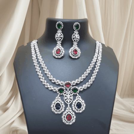Designer Rajwada Style CZ American Diamond Bridal Necklace Multi