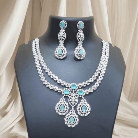 Designer Rajwada Style CZ American Diamond Bridal Necklace (Pastel Green)