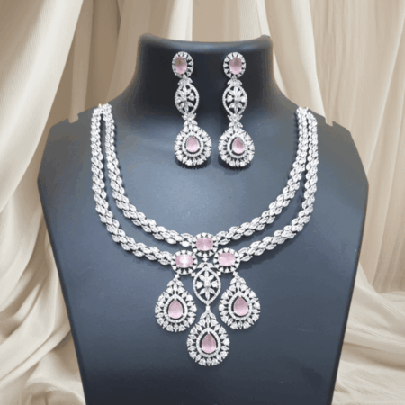 Designer Rajwada Style CZ American Diamond Bridal Necklace (Pastel Pink)