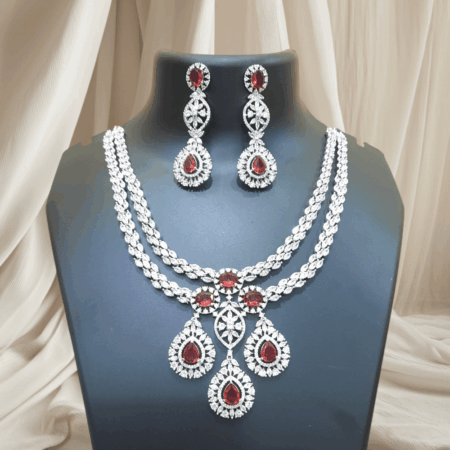 Designer Rajwada Style CZ American Diamond Bridal Necklace (Ruby Red)