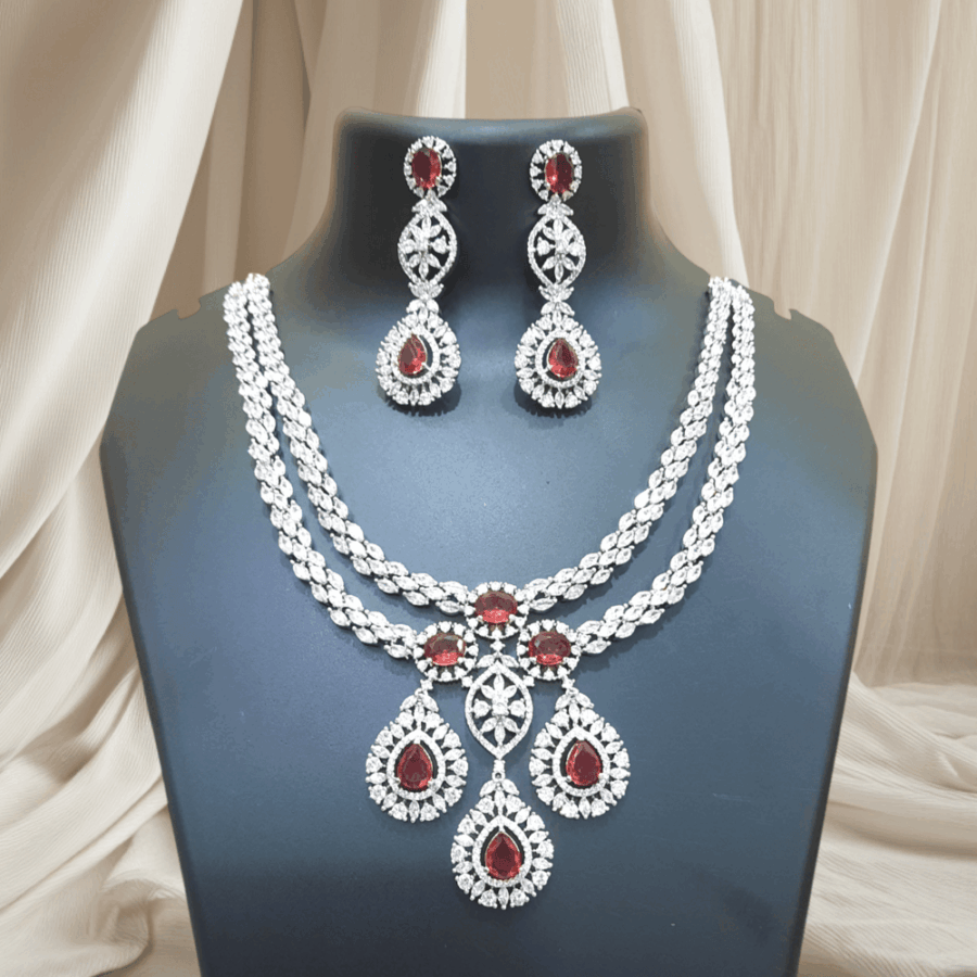 Designer Rajwada Style CZ American Diamond Bridal Necklace (Ruby Red)