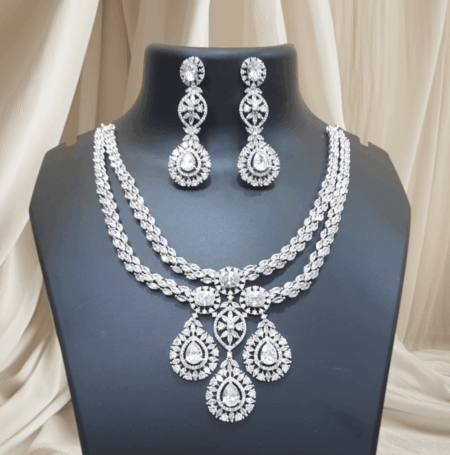 Designer Rajwada Style CZ American Diamond Bridal Necklace (White)