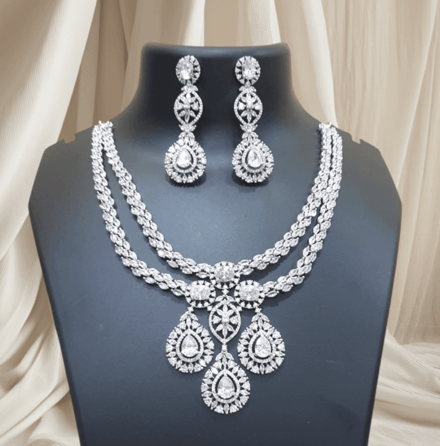 Designer Rajwada Style CZ American Diamond Bridal Necklace (White)