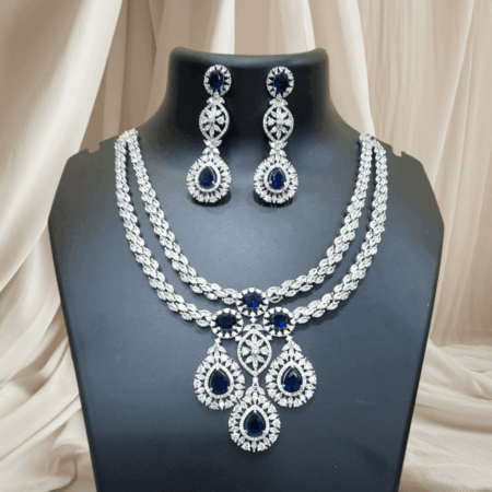 Designer Rajwada Style CZ American Diamond Bridal Necklace (Sapphire Blue)
