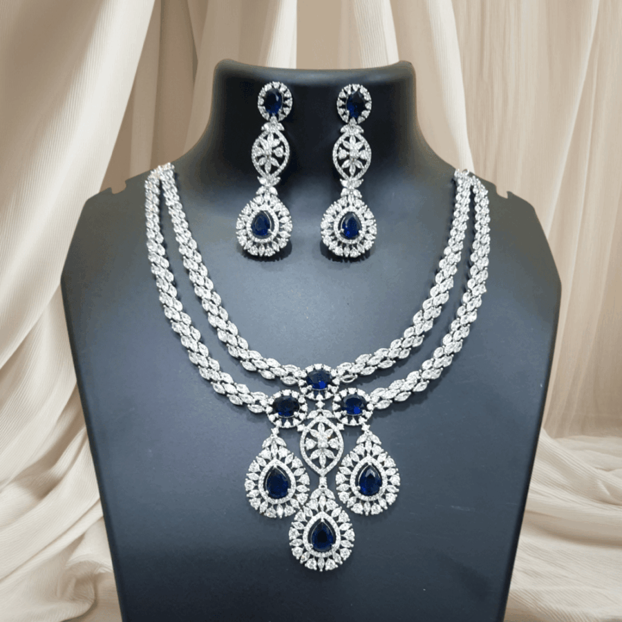 Designer Rajwada Style CZ American Diamond Bridal Necklace (Sapphire Blue)