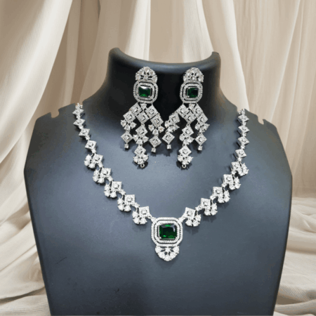 Luxurious CZ American Diamond Fancy Necklace (Emerald Green)