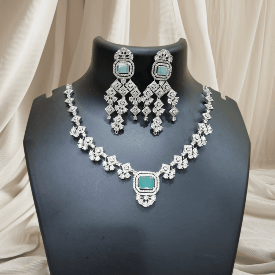 Luxurious CZ American Diamond Fancy Necklace (Pastel Green)