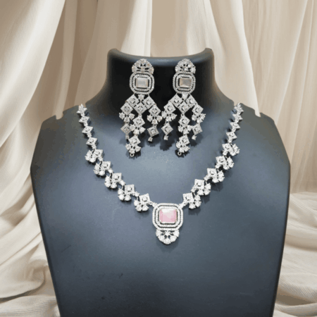 Luxurious CZ American Diamond Fancy Necklace (Pastel Pink)