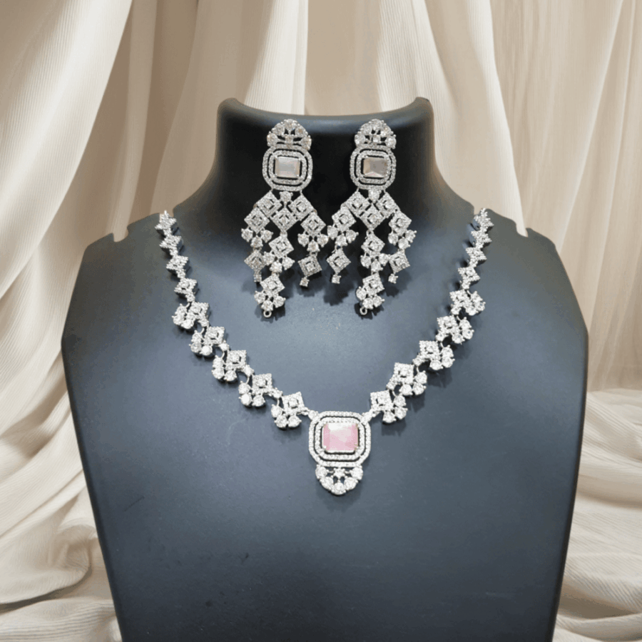 Luxurious CZ American Diamond Fancy Necklace (Pastel Pink)