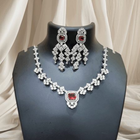Luxurious CZ American Diamond Fancy Necklace (Ruby Red)