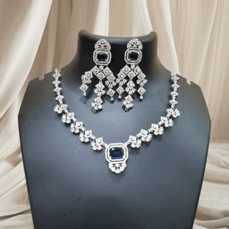 Luxurious CZ American Diamond Fancy Necklace (Sapphire Blue)