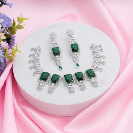 Emerald Green Kiara Inspired Rectangle Crystal Stone-Studded Bling Choker Necklace with Earrings
