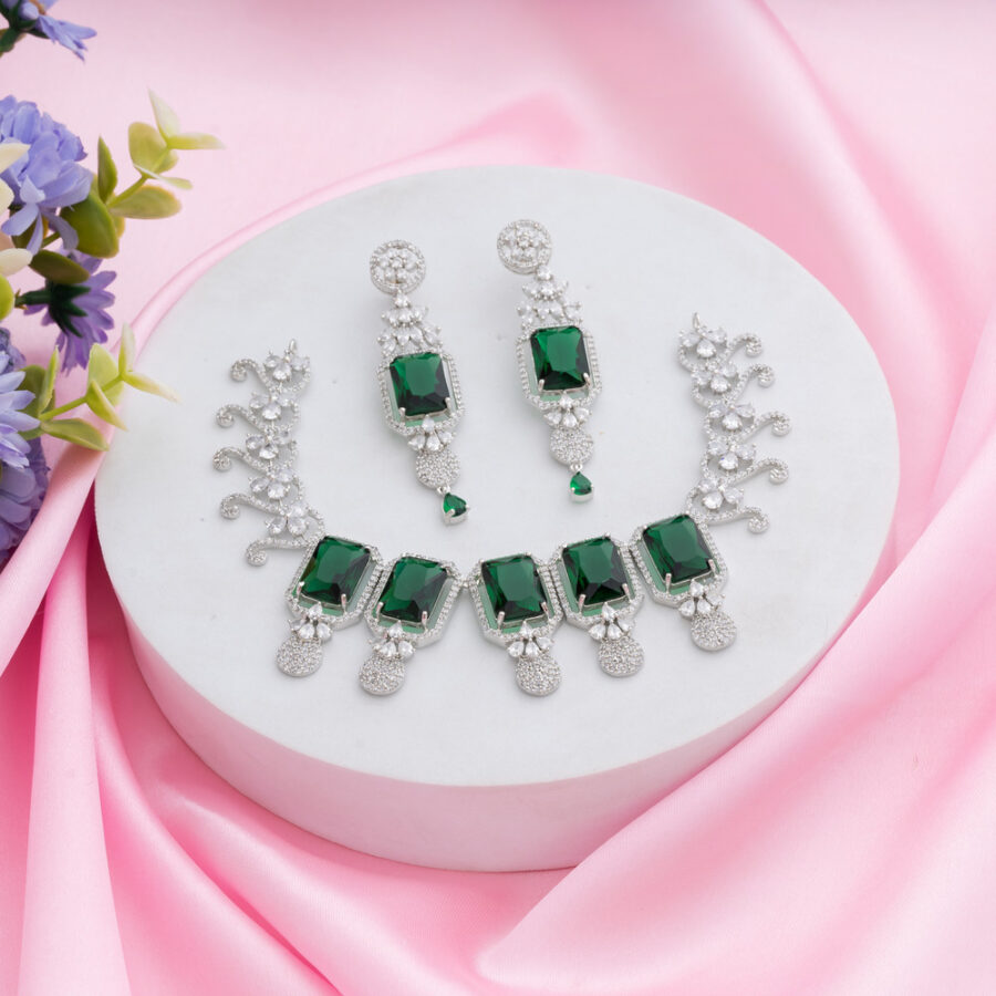 Emerald Green Kiara Inspired Rectangle Crystal Stone-Studded Bling Choker Necklace with Earrings