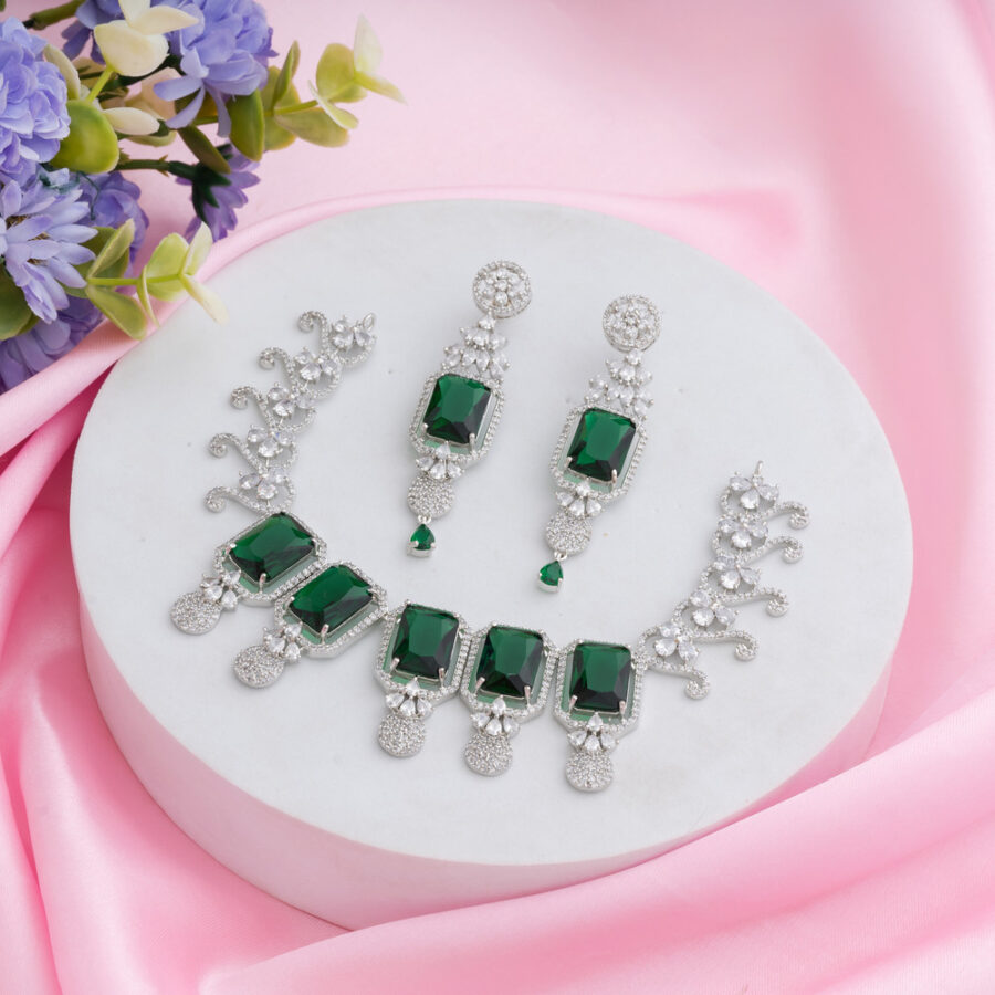 Emerald Green Kiara Inspired Rectangle Crystal Stone-Studded Bling Choker Necklace with Earrings - Image 2